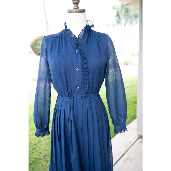 Vintage Navy Blue Sheer Cottage Core Prairie Dress Halloween Costume - Picture 5 of 10